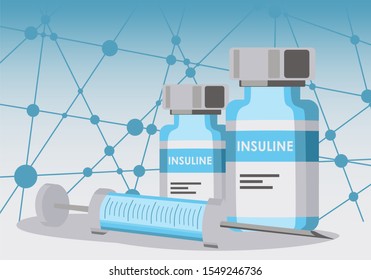 Vials with insulin hormone and single use insulin syringe. Set for diabetic. Blue connected lines with dots background.