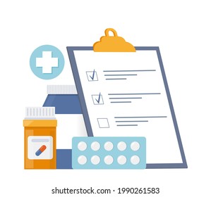 Vials of medicines, tablets, capsules and clipboard with checklist. Medicine, pharmacy concept. Drug, medication, plastic bottle with pills. Vector illustration