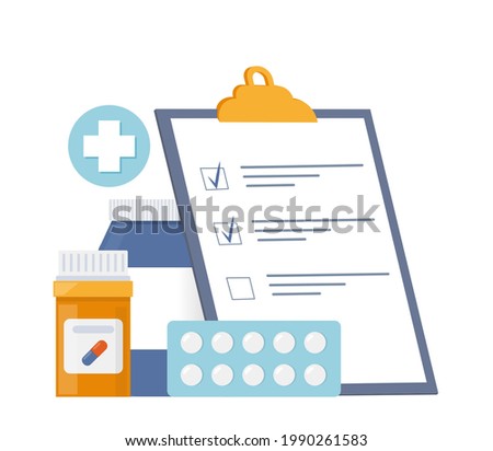 Vials of medicines, tablets, capsules and clipboard with checklist. Medicine, pharmacy concept. Drug, medication, plastic bottle with pills. Vector illustration