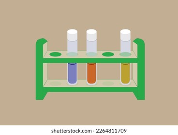 Vials placed on the test tube rack.  Laboratory equipment. Flat style vector illustration. 