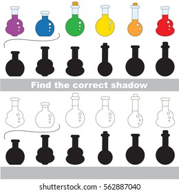 Vials set to find the correct shadow, the matching educational kid game to compare and connect objects and their true shadows, simple gaming level for preschool kids.
