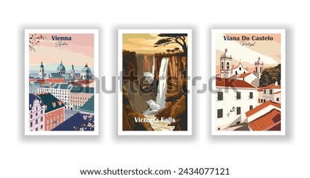 Viana Do Castelo, Portugal. Victoria Falls, Zambia. Vienna, Austria - Set of 3 Vintage Travel Posters. Vector illustration. High Quality Prints