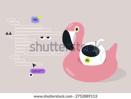 Vibe coding, In a bright and cheerful scene, the artificial intelligence robot floats on a pink flamingo inflatable, surrounded by colorful code snippets and chat bubbles, showcasing interactive learning and creativity.