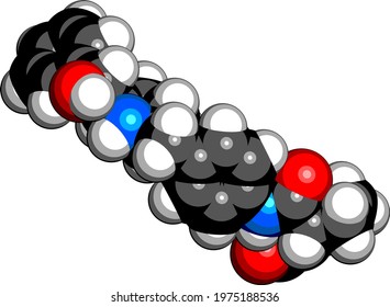Vibegron drug molecule. 3D rendering. Atoms are represented as spheres with conventional color coding: hydrogen (white), carbon (black), nitrogen (blue), oxygen (red).