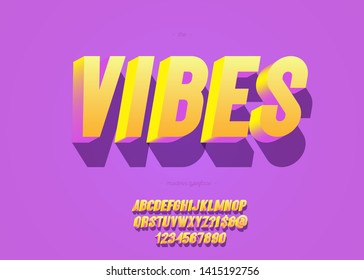 Vibes font 3d bold slanted style modern typography for summer party poster, t shirt, flier, decoration, card, sale banner, printing on fabric, industrial. Cool typeface. Trendy alphabet. Vector 10 eps