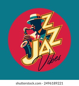 Vibes Jazz - saxofón tocando músico de jazz afroamericano en colores vibrantes Ilustración vectorial minimalista.	