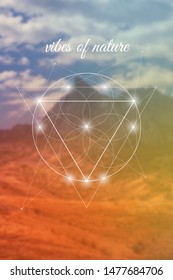 Vibes of nature sacred geometry inspired vector illustration with flower of life and mountains.