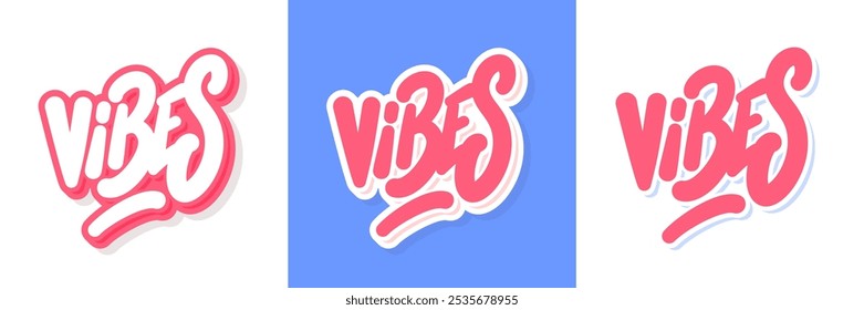 Vibes word. Vector handwritten lettering stickers set.