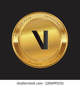 Logo de VIBI Token Cryptocurrency en concepto de color negro en moneda de oro. Símbolo de la tecnología de la cadena de monedas Viberate Block. Ilustración vectorial para banner, fondo, web, impresión, artículo.