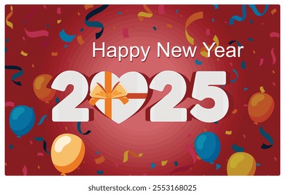 Vibrant 2025 New Year celebration with colorful balloons and confetti. Welcome the new year happily. Happy New Year 2025 concept. Flat vector illustration.