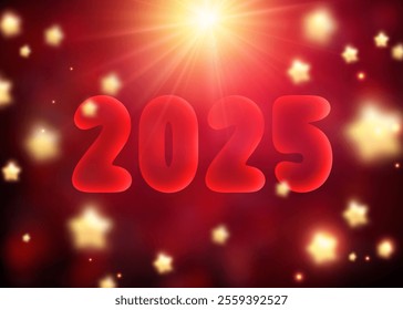 Vibrant 2025 New Year design featuring radiant red glow, golden stars, and festive lighting. Vector illustration.