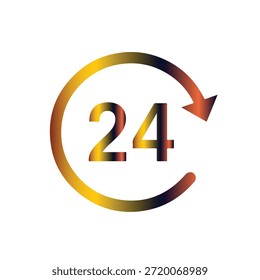 A vibrant 24 hour symbol with a gradient arrow forming a circle, featuring a mix of yellow, orange, and red colors, isolated on white background