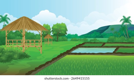 Uma vibrante paisagem de aldeia animada em 2D com uma cabana de bambu tradicional, campos exuberantes, palmeiras, colinas. Fundo de jogo, cenas de fundo de animação com uma natureza rural cenas