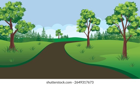Uma paisagem de fantasia 2D vibrante com um ambiente verde exuberante com um caminho sinuoso que leva à aventura. Perfeito para contar histórias, design de animação ou cenas de natureza mágica