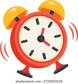 Una vibrante ilustración plana en 2D de un clásico reloj despertador de doble campana que suena. Este ícono limpio y moderno es perfecto para representar la gestión del tiempo, las llamadas de atención tempranas, los plazos urgentes y los recordatorios de citas en App móviles, Sitios web o diseños de presentaciones.