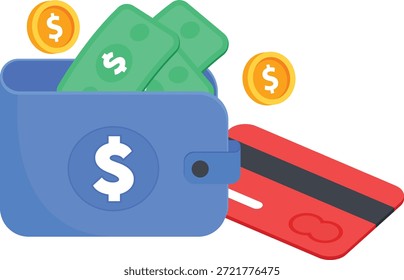 Una vibrante ilustración plana en 2D con una cartera azul llena de billetes verdes, acompañada de monedas de oro y una tarjeta de crédito roja. Este icono representa perfectamente las finanzas personales, la banca y los métodos de pago electrónicos modernos.