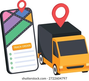 A vibrant 2D flat illustration highlighting a mobile order tracking app. The smartphone screen displays a "Track Order" interface with a colorful GPS map and a status checklist, paired with a yellow delivery truck featuring a matching location pin to represent real-time transit and fulfillment.
