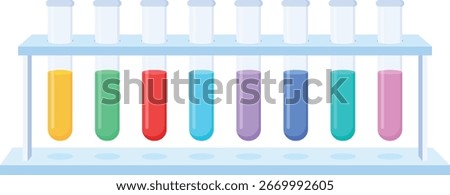 A vibrant 2D illustration of a light blue laboratory test tube rack holding eight test tubes filled with liquids of different colors: yellow, green, red, light blue, purple, dark blue, teal, and pink.