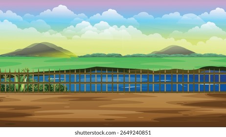 Uma vibrante ilustração 2D mostrando uma estrada de terra da aldeia que se estende por campos exuberantes e verdes sob um céu claro. A cena capta lindamente a vida rural, com destaque para o texto natural.