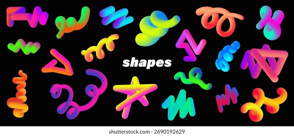 Formas vibrantes de gradiente abstrato em 3D no plano de fundo preto. Uma coleção colorida de formas fluidas 3D abstratas com efeitos de gradiente. Formas modernas, modernas e dinâmicas ideais para design digital. Conjunto de vetores