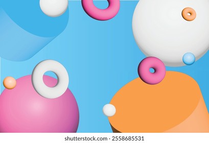 Vibrant 3D background with colorful shapes against a blue backdrop.