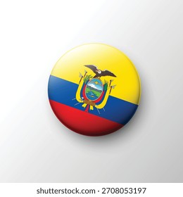 A vibrant 3D button of the Ecuador flag featuring yellow, blue, and red stripes along with the national coat of arms.