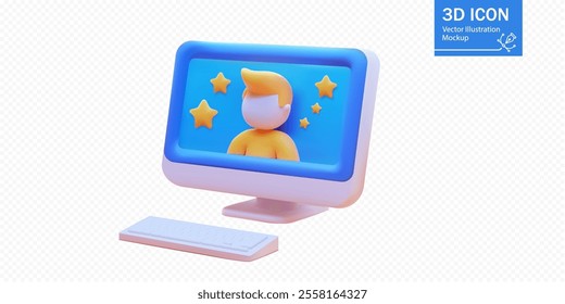 A vibrant 3D computer mockup displays a character surrounded by stars on the screen, symbolizing creativity and digital engagement in a modern workspace.