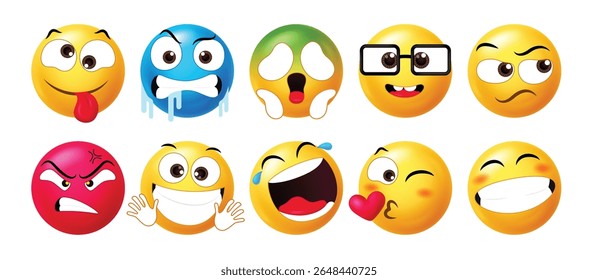 Vibrant 3D emoticons with diverse expressions silly, sick, nerdy, laughing, kiss, and more. Great for digital communication, reactions.