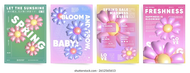 Vibrant 3d flowers spring cover design with bold floral elements and soft pastel gradients for modern seasonal sale and aesthetic branding