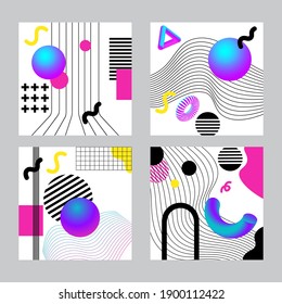 Geometría 3d vibrante y conjunto de colajes abstractos de líneas. Diseño de vectores para medios sociales y contenido visual, diseño web e interfaz de usuario, afiches, collage, marca.