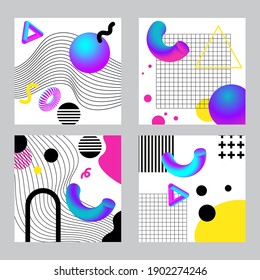 Geometría 3d vibrante y conjunto de colajes abstractos de líneas. Diseño de vectores para medios sociales y contenido visual, diseño web e interfaz de usuario, afiches, collage, marca.