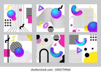 Vibrant 3d geometry and lines abstract collages set. Vector design for social media and visual content, web and UI design, posters, collage, branding.