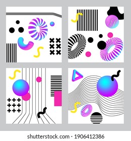 Vibrant 3d geometry and lines abstract collages set. Vector design for social media and visual content, web and UI design, posters, collage, branding.