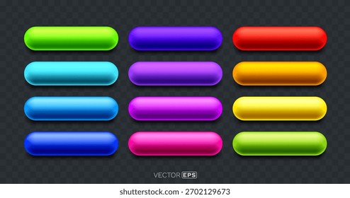 Vibrant 3D glossy buttons or capsules, a modern set for UI design. Vector illustration.