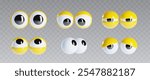 Vibrant 3D googly eyes with bright yellow lids. Oversized playful elements positioned in fun exaggerated way. Cartoon vector set of funny plastic round doll open eyes for animated expression in design