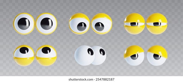 Vibrant 3D googly eyes with bright yellow lids. Oversized playful elements positioned in fun exaggerated way. Cartoon vector set of funny plastic round doll open eyes for animated expression in design