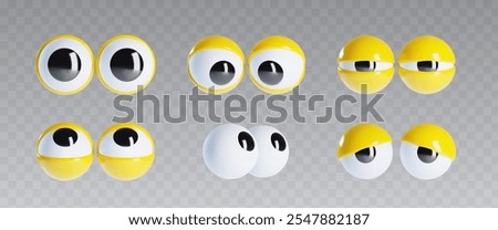 Vibrant 3D googly eyes with bright yellow lids. Oversized playful elements positioned in fun exaggerated way. Cartoon vector set of funny plastic round doll open eyes for animated expression in design