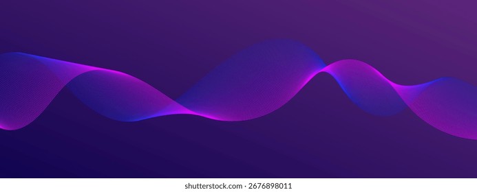 Linha de onda gradiente 3D vibrante em plano de fundo roxo escuro com efeito de brilho de néon suave. Perfeito para tecnologia, música, digital e fundos abstratos futuristas