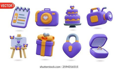 vibrant 3D icon set featuring celebration-themed items like a camera, cake, lock, gift box, and more. These 3D illustrations represent icons for events, celebrations, and special moments
