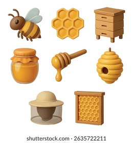 A vibrant 3D icon set featuring essential beekeeping elements bees, hives, honey jars, tools, and more. Perfect for farm apps, education, and honey-themed projects.