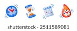 Vibrant 3D icons representing time management concepts including a clock, hourglass, calendar, and a clock in flames.