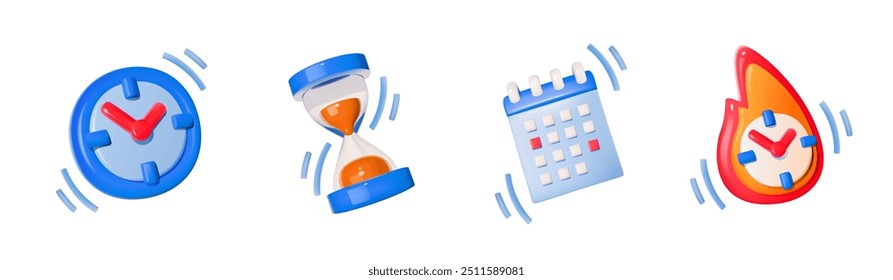 Ícones vibrantes em 3D que representam conceitos de gerenciamento de tempo, incluindo relógio, ampulheta, calendário e relógio em chamas.