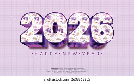 Vibrant 3D illustration of "2026 Happy New Year" with a charming grape and leaf pattern Perfect for festive designs cards or celebratory backgrounds Ideal for New Year's marketing and social media