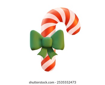 A vibrant 3D illustration of a Christmas candy candy with a green bow. Suitable for use in holiday cards, banners, promotional materials, and social media design