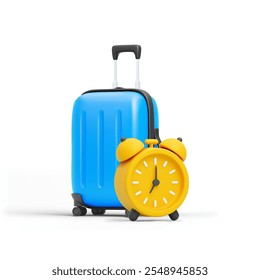 Vibrant 3D illustration of cute cartoon blue rolling suitcase with yellow alarm clock isolated on white background. Concept of travel, time management, vacation planning. 3D vector illustration.