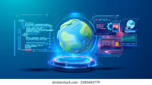 A vibrant 3D illustration depicts a rotating globe at the center, surrounded by colorful data visualizations and digital analytics, suggesting advanced technology and global connectivity.