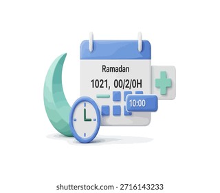 A vibrant 3D illustration featuring a calendar displaying 'Ramadan', a crescent moon, a clock showing '10:00', and a medical cross, symbolizing religious observance, time, and health.