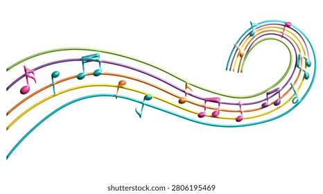 A vibrant 3D illustration featuring colorful musical notes arranged on flowing, swirling staff lines. This creative design symbolizes melody, rhythm, and musical performance.