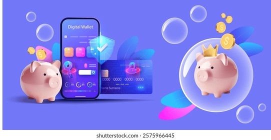 Vibrant 3D illustration featuring a digital wallet app, a crowned piggy bank, and secure payment icons on a purple background. Ideal for finance, e-commerce, and money-saving concepts.