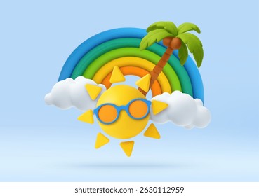 Vibrant 3D illustration of a smiling sun wearing sunglasses with rainbow, palm tree, and clouds Holiday web poster, banner, seasonal brochure, cover. 3d rendering. Vector illustration